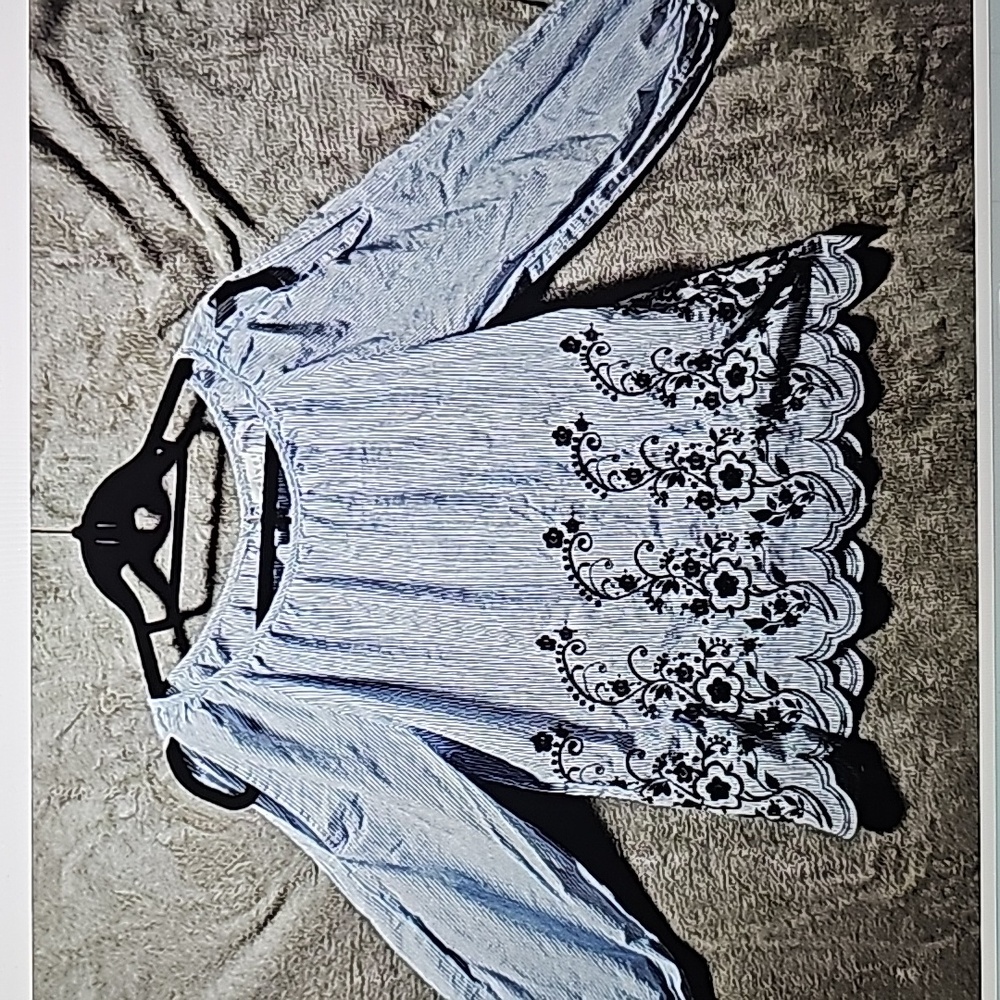 Velvet Blouse Top Women Med Blue Pinstripe Long Sleeve Boho Floral Embroidered